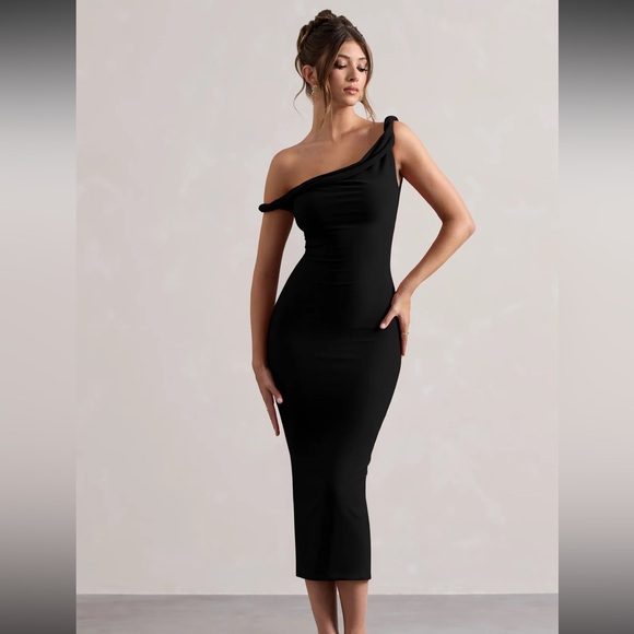 Club L London Dresses & Skirts - Club L London Salome Black Twisted Asymmetric Midi Dress 6 New With Tags
